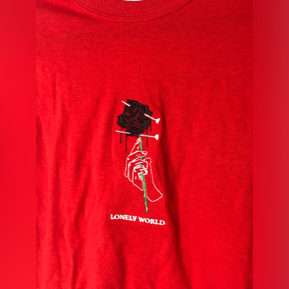 NWOT Lonely World Pinned Roses Embroidered Tee in Red
